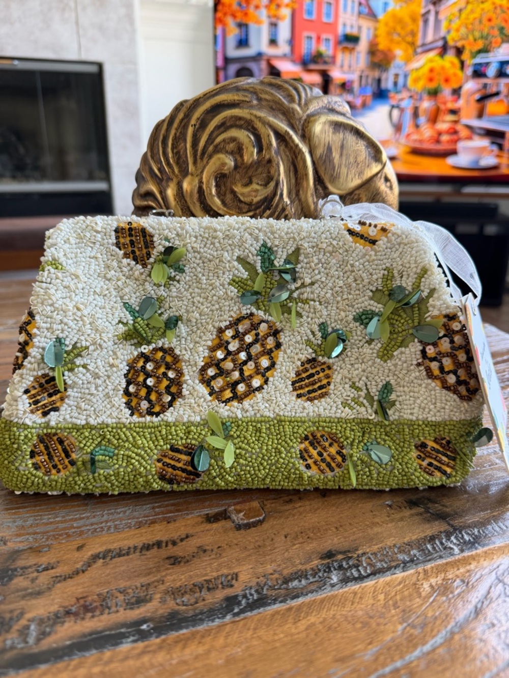 Beaded Pineapple Motif Clutch/Crossbody Bag - Green & White - Picture 3 of 15